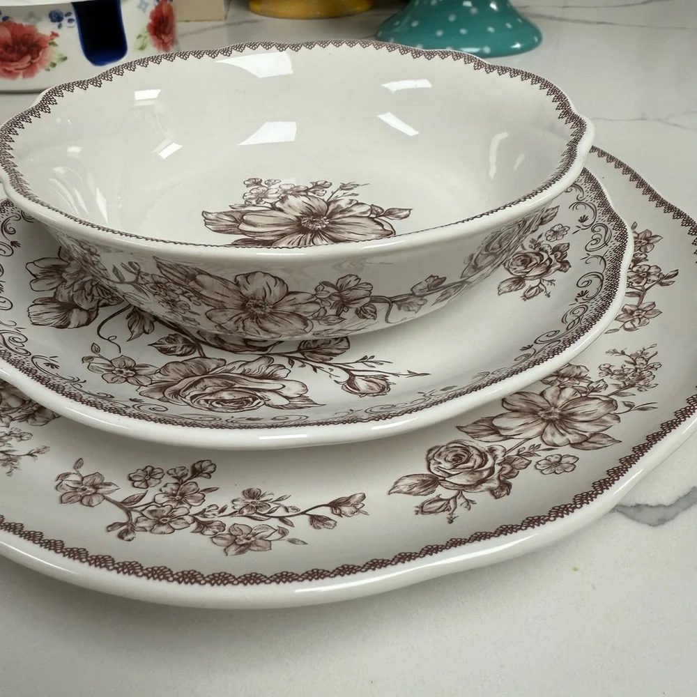 The Pioneer Woman  Agatha Brown Floral Dinnerware Set of 12 pieces